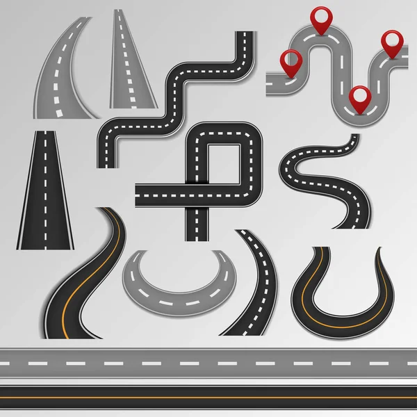 Strada vettoriale e autostrada sulla mappa con percorso percorso illustrato insieme di strada o incrocio in sentiero isolato sullo sfondo — Vettoriale Stock