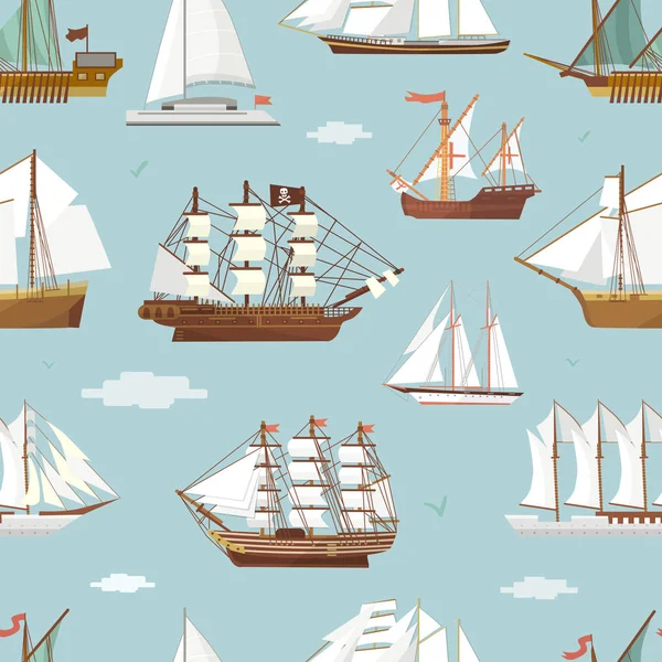 Vector ship boat miniature vessel old vintage sailboat souvenir sea shipping travel white canvase seamless pattern background. Adventure sailboats — Stock Vector