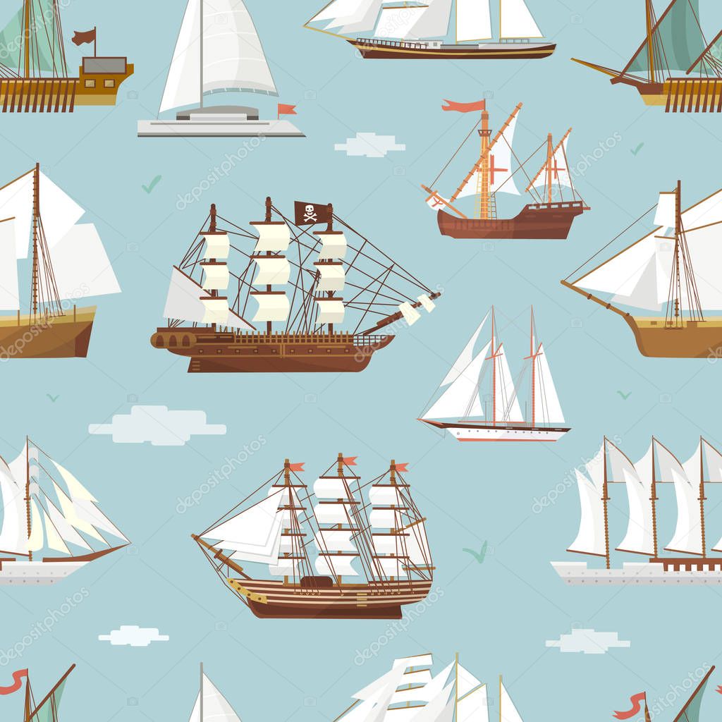 Vector ship boat miniature vessel old vintage sailboat souvenir sea shipping travel white canvase seamless pattern background. Adventure sailboats