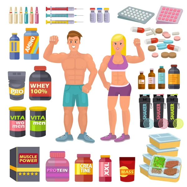 Bodybuilding sport food vector bodybuilders supplement proteine power and fitness diet nutrition for bodybuild workout illustration set of energy shakers for muscle growth isolated on white background
