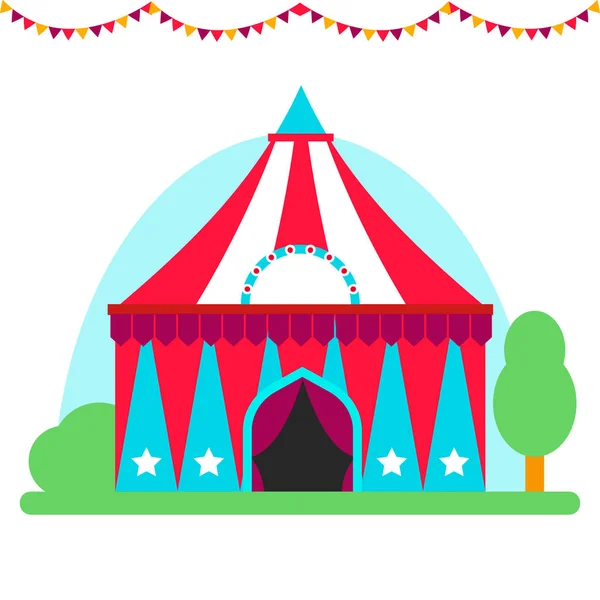 Zirkusshow Unterhaltung Zelt Festzelt Outdoor-Festival mit Streifen Fahnen Karneval Vektor Illustration. — Stockvektor