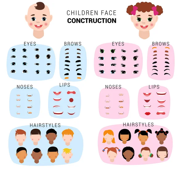 Child face constructor vector kids character of girl or boy avatar creation head lips nose and eyes illustration set of facial elements construction with children hairstyle isolated on background — Stock Vector