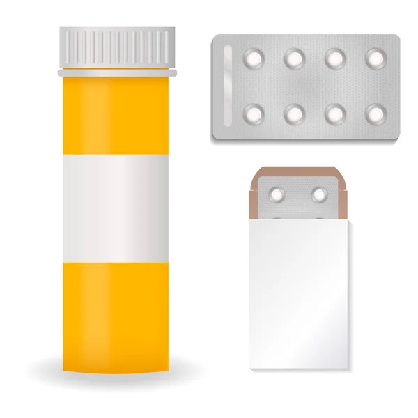 Láhev pack šablony maketa prázdné farmaceutické puchýř tablety a kapsle trubice kontejneru pro drogy čisté plastové obaly pro léky vektorové ilustrace. — Stockový vektor