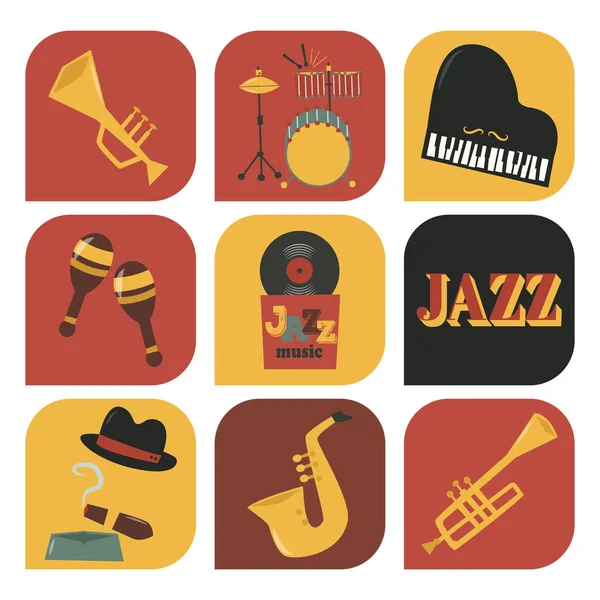 Instrumentos musicales de jazz instrumentos iconos jazzband piano saxofón música sonido vector ilustración rock concierto nota . — Vector de stock