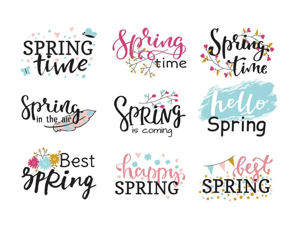 Olá primavera tempo vetor lettering texto saudação cartão especial primavera tipografia mão desenhado Primavera gráfico ilustração crachá — Vetor de Stock