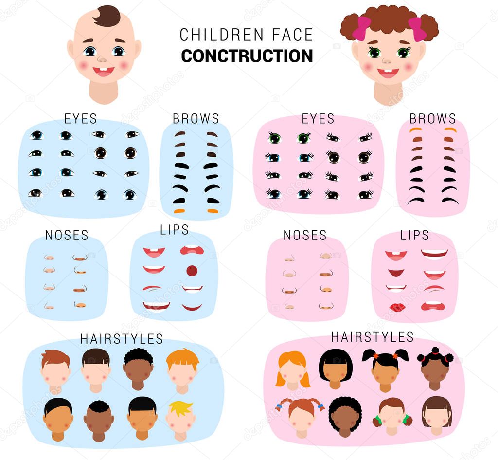 Child face constructor vector kids character of girl or boy avatar creation head lips nose and eyes illustration set of facial elements construction with children hairstyle isolated on background