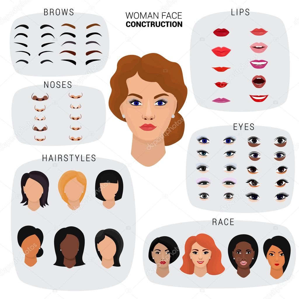 Woman face constructor vector female character avatar creation head lips nose and eyes illustration set of facial elements construction eyebrows and hairdo isolated white