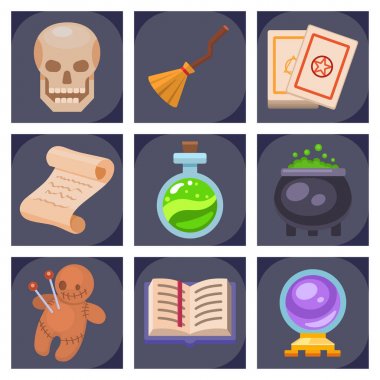 Sihirli araçlar sihirbaz fantezi karnaval büyülü gizemli çizgi film mucize dekorasyon vektör çizim.