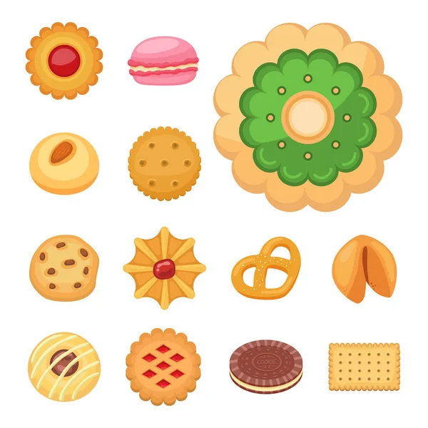 Různé cookie koláče pohled shora sladké jídlo chutné občerstvení sušenky sladké dezertní vektorové ilustrace. — Stockový vektor