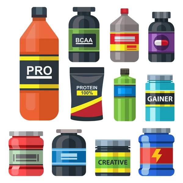 Fisiculturistas ginásio atleta esporte alimentos dieta símbolos aptidão nutrição proteína pó bebida vetor ilustração . —  Vetores de Stock