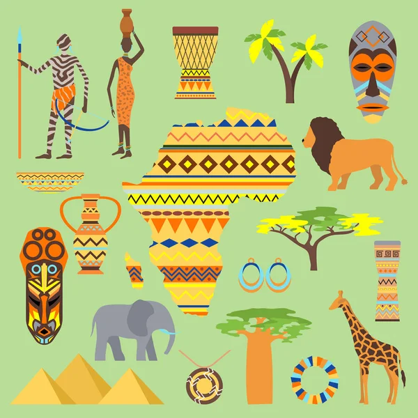 Afrika vektör sembolleri safari simgesi öğe kümesi seyahat. Afrika hayvanlar ve insanlar etnik sanat güneye antik tasarım. Yaban hayatı maskesi antik Afrika desen, ev, erkek ve kadın — Stok Vektör
