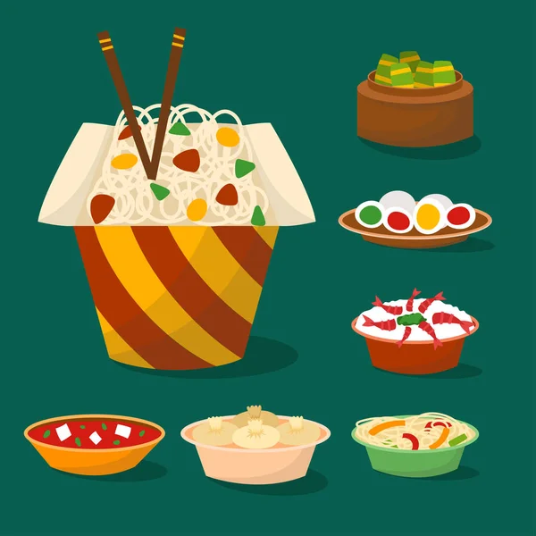 Cucina cinese tradizione cibo piatto delizioso asia cena pasto porcellana pranzo cucinato vettore illustrazione — Vettoriale Stock