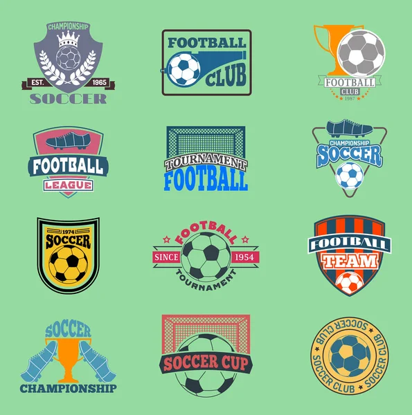 Futebol europeu lable vetor embleme modelo equipe escola design elementos do campeonato. Ícone do torneio símbolo de futebol. Equipe distintivo competição desportiva —  Vetores de Stock