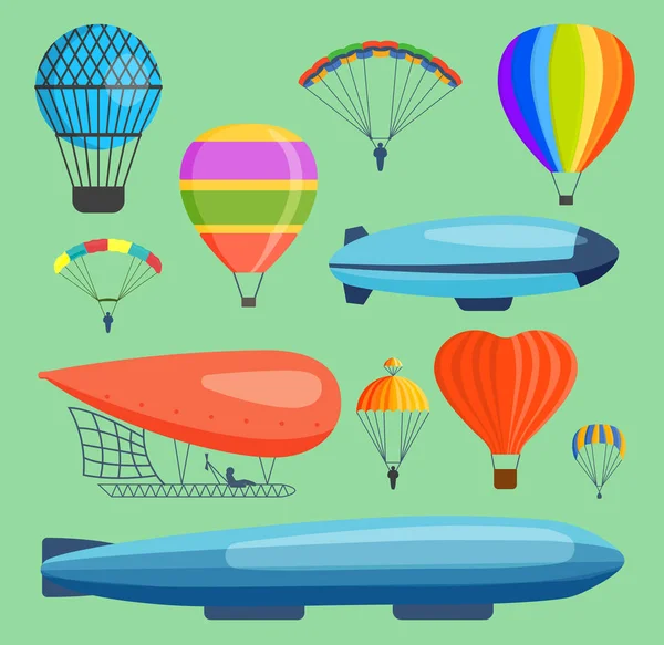 Аеростати повітряні векторні повітряні кулі транспортують небо гаряча мандрівка на льоту і старий стиль повітряних подорожей повітряних перевезень польотних дирижаблів. Серце, веселка, синій дирижабль — стоковий вектор