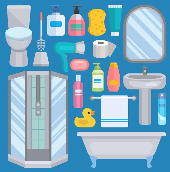Equipo de vectores de baño iconos cuerpo humano higiene ducha ilustración para el diseño de la higiene interior del baño. Símbolos de baño aislados del espejo, inodoro lavabo ducha jabón toalla grifo y pato amarillo — Vector de stock