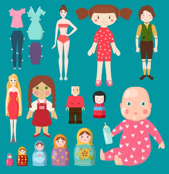 Vector poppen speelgoed karakter meisjes en jongens menselijke gezicht en lichaam spel jurk lap-pop illustratie. Mooi ondergoed little baby meisje kinderen matryoshka doll speelgoed, dummy model stijl — Stockvector