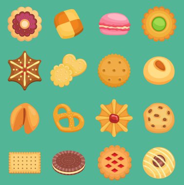 İzole arka plan tanımlama bilgisi kümesi geleneksel gurme şekerli tatlı ekmek kraker, kruvasan, acıbadem kurabiyesi vektör tatlı kurabiye kek lezzetli aperatif çikolatalı krem ev yapımı hamur işleri ile bisküvi lezzetli