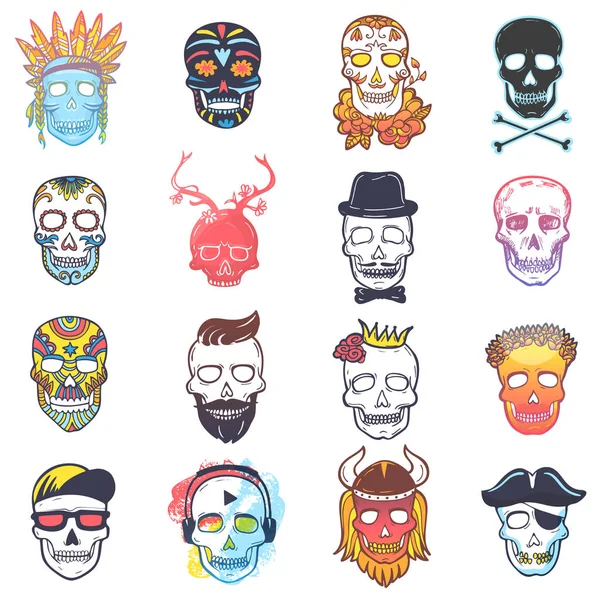 Vector de cráneo mexicano cabeza muerta y huesos cruzados y tatuaje humano ilustración conjunto de cráneos gruesos de horror símbolo de la muerte o el mal en México aislado sobre fondo blanco — Vector de stock