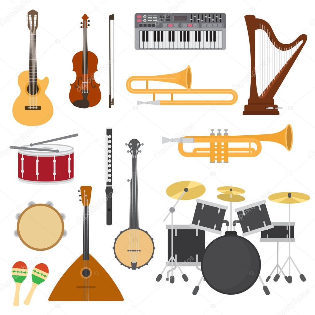 Musical instruments vector music concert with acoustic guitar or balalaika and musicians violin or harp illustration set wind instruments trumpet and flute isolated on white background
