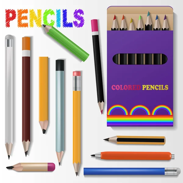 Bolígrafo vector lápiz para el dibujo a lápiz y la escolarización pencraft papelería ilustración conjunto de útiles escolares aislados sobre fondo blanco — Vector de stock