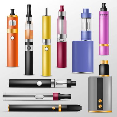 Buharı vektör vaping aygıt ve vapes ve beyaz arka plan üzerinde izole sigara modern Buharlaştırıcı e-cig resimde kümesi