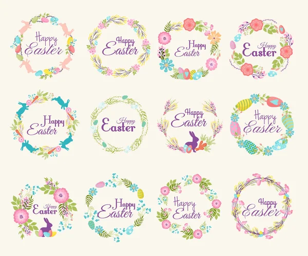 Mutlu Paskalya logo alıntı metin çiçek şube ve bahar illüstrasyon geleneksel dekorasyon öğeleri elle çizilmiş rozet Paskalya tebrik yazı kutlamak kartı ve doğal çelenk bahar çiçek — Stok Vektör