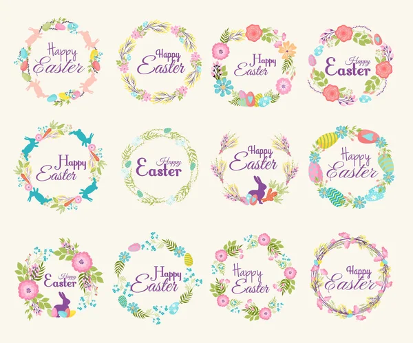 Feliz Pascua logo cita texto flor rama e ilustración primavera decoración tradicional elementos dibujado a mano insignia letras saludo Pascua celebrar tarjeta y flor de primavera corona natural — Vector de stock