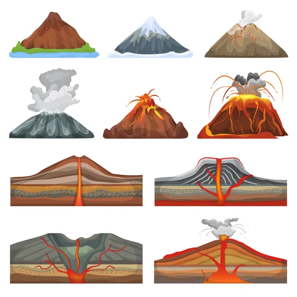 Vulkán vektor kitörés és a robbanás vagy a vulkanizmus görcs jellegű vulkáni hegység ábrán sor vulkanológiai elszigetelt fehér background — Stock Vector