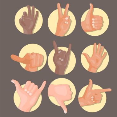 Hands deaf-mute different gestures human arm people communication message vector illustration. clipart
