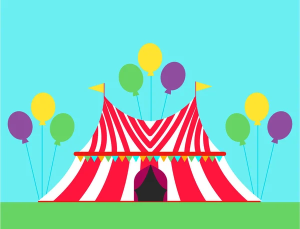 Cirkuszi show szórakozás sátor sátor szabadtéri fesztivál csíkok zászlók karnevál vektoros illusztráció. — Stock Vector