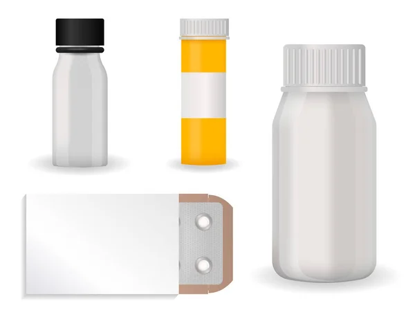Embalagem de garrafa modelo mockup blister farmacêutico em branco de comprimidos e cápsulas recipiente de tubo para drogas embalagem de plástico limpo para ilustração vetor de medicação . —  Vetores de Stock
