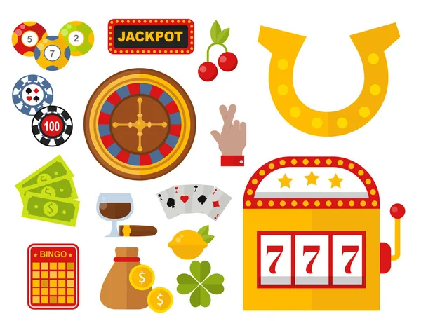 Casino icons set with roulette gambler joker slot machine poker game vector illustration. Royalty Free Stock Vectors