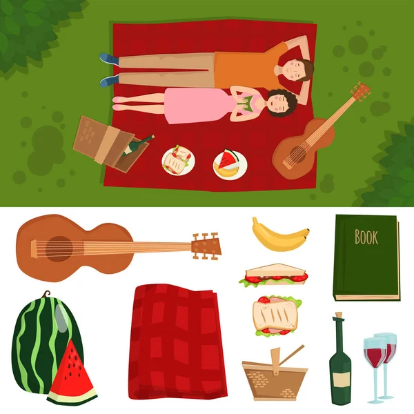 Pareja adulta hombre y mujer en verano picnic barbacoa al aire libre romántico verano picnic comida vector ilustración — Vector de stock