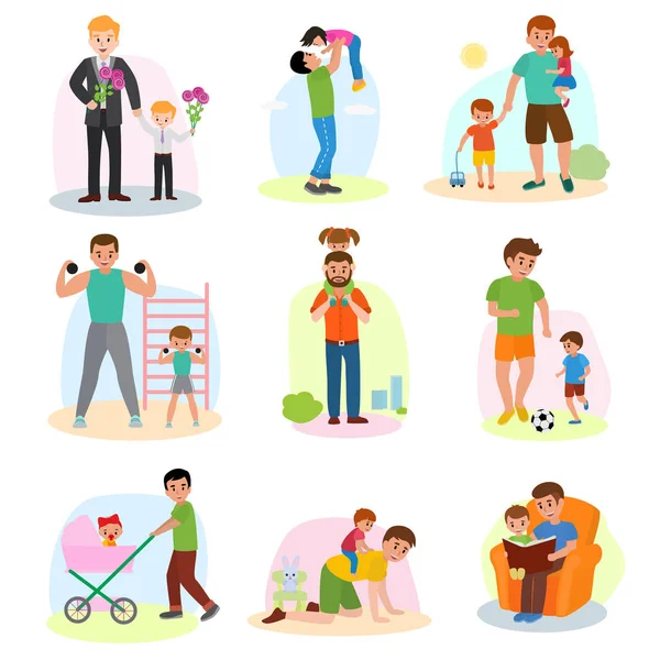 아버지와 자식 벡터 아빠와 아이 딸 또는 아들이 함께 연주 또는 아버지의 날의 운동 그림 흰색 배경에 고립 된 아이 들과 함께 행복 한 아빠를 설정 — 스톡 벡터