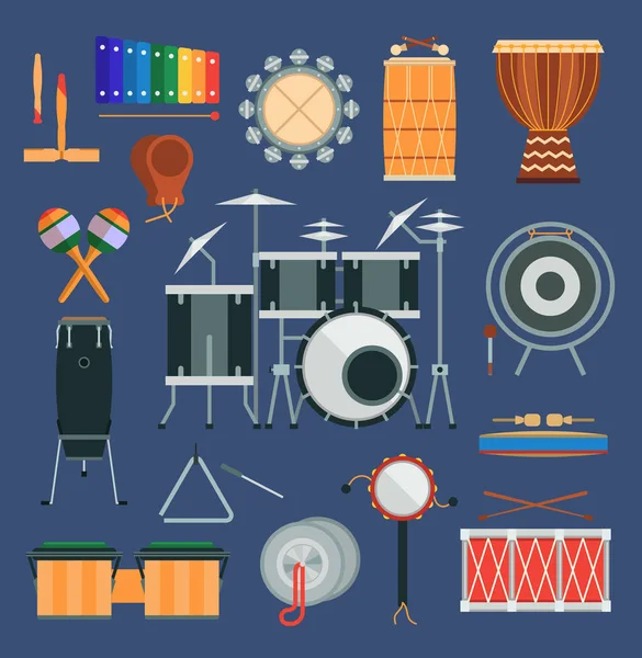 Vector drum percussion musical instruments flat style classical orchestral, rock and pop concert drums traditional national cartoon music instruments design elements — Stock Vector