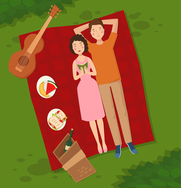 Young couple two people woman and man lie on the grass vector illustration of summer picnik top view of couple in love lying on picnic plaid barbecue outdoor romantic date people