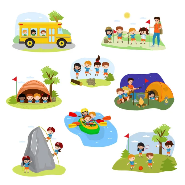 Kinder Camp Vektor Kinder Camper Charaktere und camping Aktivität auf Sommerurlaub Illustration Satz von Kind spielen im Zelt in der Nähe von Lagerfeuer auf dem Campingplatz isoliert auf weißem Hintergrund — Stockvektor