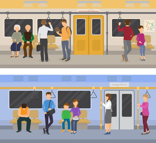 Metropolitana vettore persone in metropolitana e passeggeri in metropolitana utilizzando trasporto pubblico urbano illustrazione insieme di personaggi all'interno del trasporto sottopassaggio — Vettoriale Stock