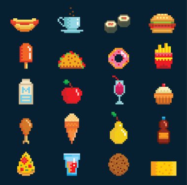 Bilgisayar oyun tasarımı sembolü web grafik fastfood mutfağı sembolleri illüstrasyon hızlı restoran pixelated öğeleri hamburger, sosisli sandviç, pizza ve içecekler vektör pixelart lokanta simgeler imzalamak