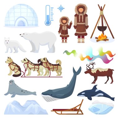 Arctic vektör Kuzey borealis Norveç ve kızakla husky köpek sledge yurta karlı kış illüstrasyon polaris kümesi Kuzey etnik karakterler hayvanlar ve Kutup ayısı beyaz arka plan üzerinde izole için