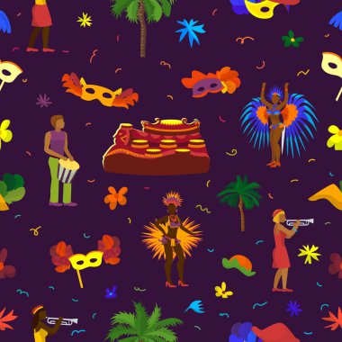Parti carnaval geleneksel kostüm Güney tatil dansçı illüstrasyon afiş Dikişsiz desen arka plan vektör Brezilya karnaval rio Festivali kutlama Brezilyalı kızlar dansçılar samba