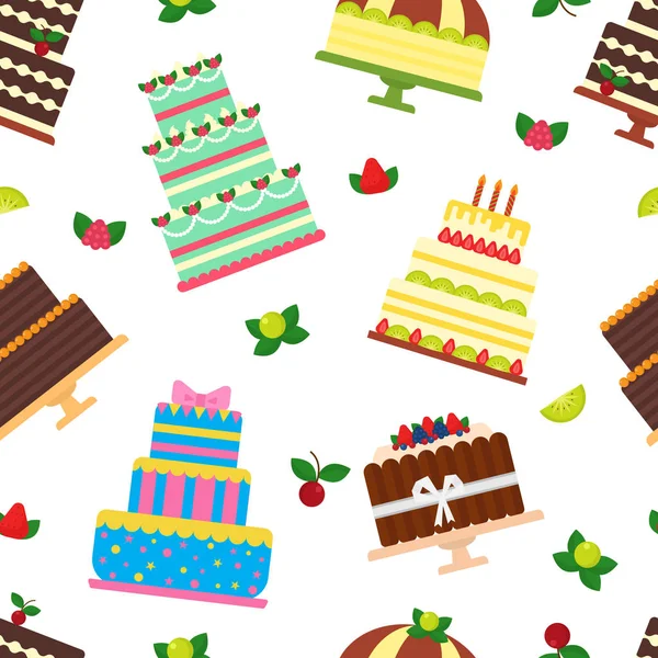 Torta di compleanno vettore torta di formaggio cupcake per felice festa di nascita torta al cioccolato al forno e dessert da panificio set illustrazione senza soluzione di continuità modello di sfondo — Vettoriale Stock