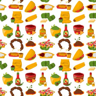 Meksika geleneksel yemeği et avokado Dikişsiz desen arka plan baharatlı biber salsa yemek sosu mutfağı vektör çizim ile