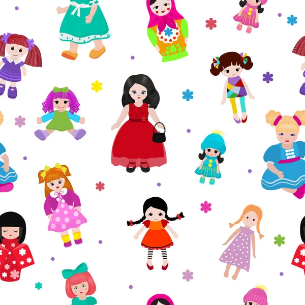 Vektor Puppe Spielzeug niedlich Mädchen weiblich Set Illustration Kindheit Baby Kleid Gesicht Kind schön Puppenhaus Kinder Baby Spielzeughaus Cartoon isoliert nahtlose Muster Hintergrund — Stockvektor