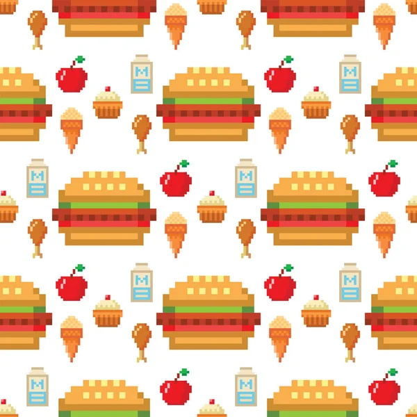 Pixel art élelmiszer számítógép design varrat nélküli mintát háttér vektor illusztráció étterem pixelated elem gyorsétterem retro játék web grafikus. — Stock Vector
