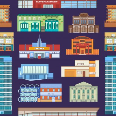Bina cephe cityscape gökdelenler vektör newbuild alışveriş merkezi ve iş Downtown daireler mimari şehir banka, sinema, kulübü, Restoran kafe, sinema, otel desen arka plan
