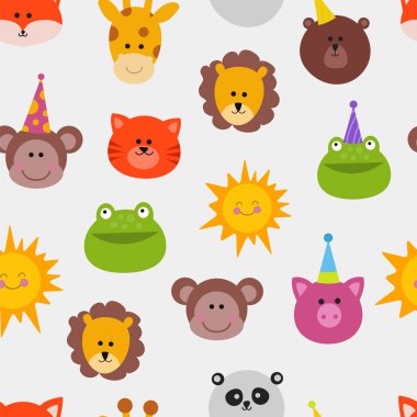 Festival dekorasyon maskeli balo Dikişsiz desen maymun, aslan, kedi, kurbağa ve güneş hayvanlar karnaval maskesi vektör ayarla