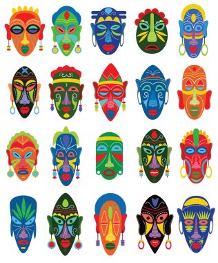 Tribal mask vector African face masque and masking ethnic culture in Africa illustration set of traditional masked symbol isolated on white background clipart