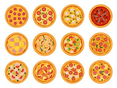 Pizza vektör peynir ve domates pişmiş pasta beyaz arka plan üzerinde izole İtalya pizzacı veya pizzahouse resimde kümesi ile İtalyan gıda