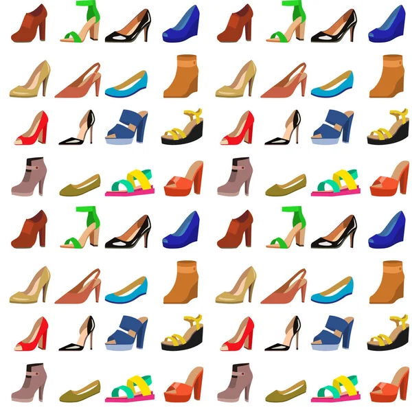 Dámské boty plochý design vektor vzor bezešvé pozadí kůže barevné mokasíny, sandály ilustrace. — Stockový vektor